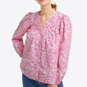 Draper James Button Down Blouse Puff Long Sleeve Floral Pink Size XL